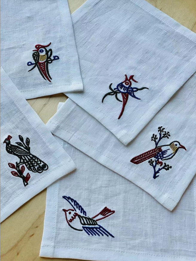 Mahjong Embroidered Linen Cocktail Napkins in White - Set of 5 Main Image